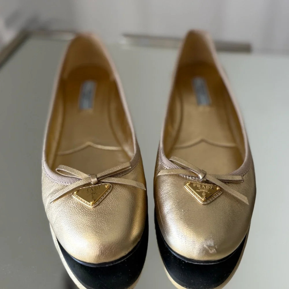 Prada Metallic Gold Ballerina Flats 37 $950 - Picture 11 of 12
